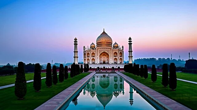 A 360-degree video of the taj mahal at twilight, with rim light emphasizing the white marble, tranquil gardens, and reflecting pool