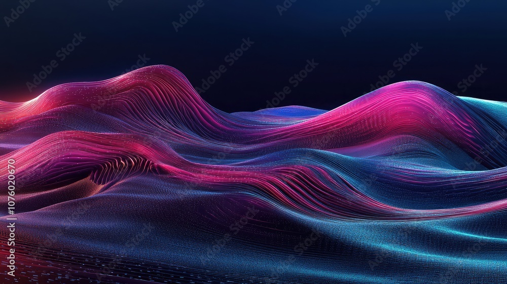 Poster abstract digital landscape with colorful waves and flowing lines illustrating modern technology and 