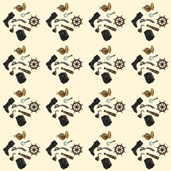 Pirate pattern illustration on beige background. Fantasy patterns and themes for wallpaper, fabric, etc