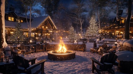Cozy Fire Pit Gathering in a Snowy, Festive Winter Village
