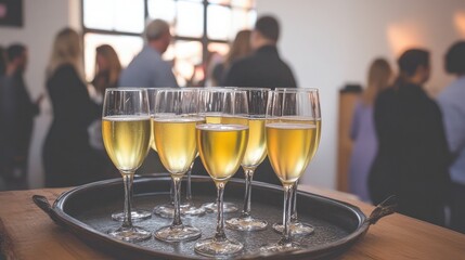 Elegant Display of Sparkling Drinks on a Serving Tray with Guests Socializing in a Stylish Event Space Featuring Modern Decor and Ambient Lighting