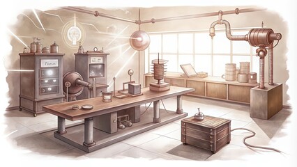 Fototapeta premium Steampunk Laboratory with Various Scientific Instruments and Devices