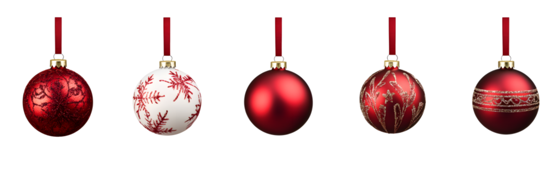 Red Christmas bauble tree decorations with other design elements isolated against a transparent background..