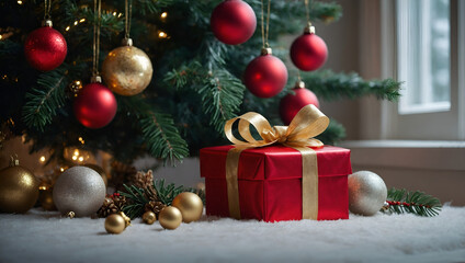 Un cadeau de Noël rouge avec un ruban doré posé au pied du sapin avec des boules de noël dans un décor de fêtes de fin d'année