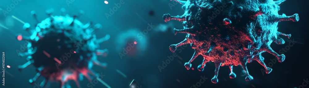 Poster microscopic d rendering of a virus with blue and red glow