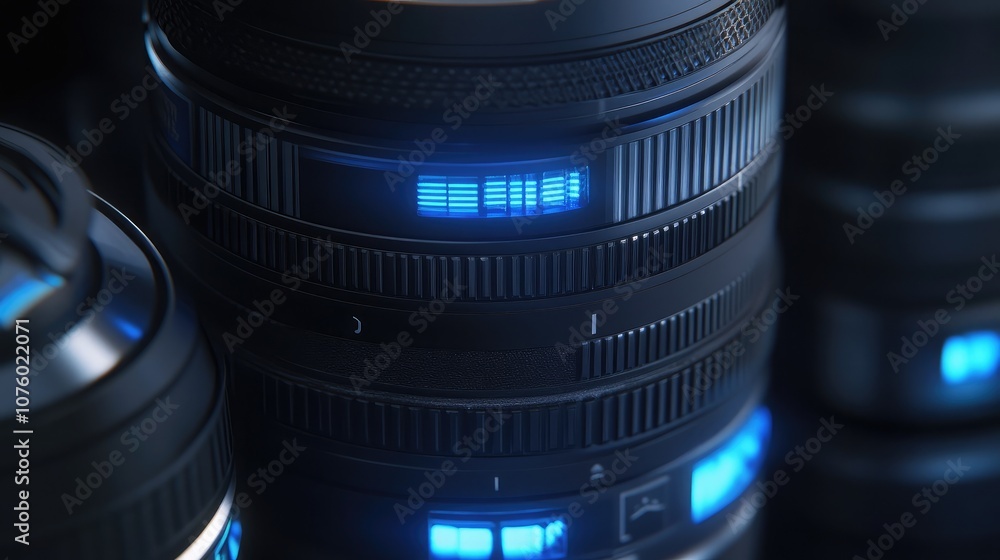 Poster close-up view of professional camera lenses with illuminated displays showcasing technical features 