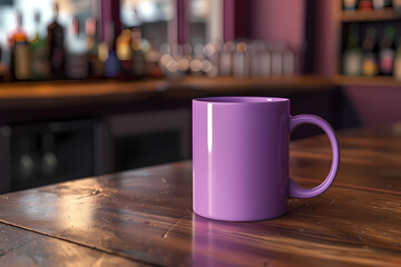 Fototapeta premium A vibrant purple mug resting on a wooden table in a cozy caf� setting, inviting a moment of relaxation.