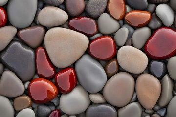 River stones in earthy tones of red brown and gray with a slight wet gloss creating a natural look, AI Generated