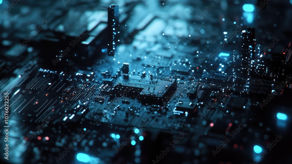 Poster abstract close-up of a futuristic circuit board with glowing blue lights and complex patterns, ideal