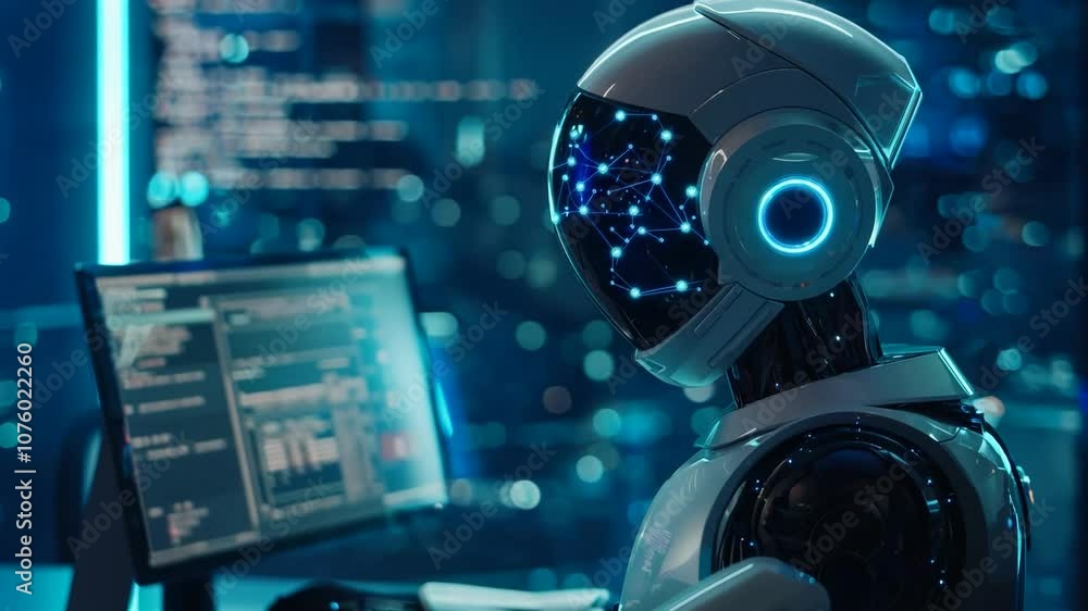 Poster In a modern workspace, a humanoid robot focuses intently on its computer, analyzing complex data while illuminated by glowing city lights at night, showcasing advanced technology and intelligence.
