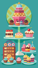 A colorful display of cupcakes and cakes on a table