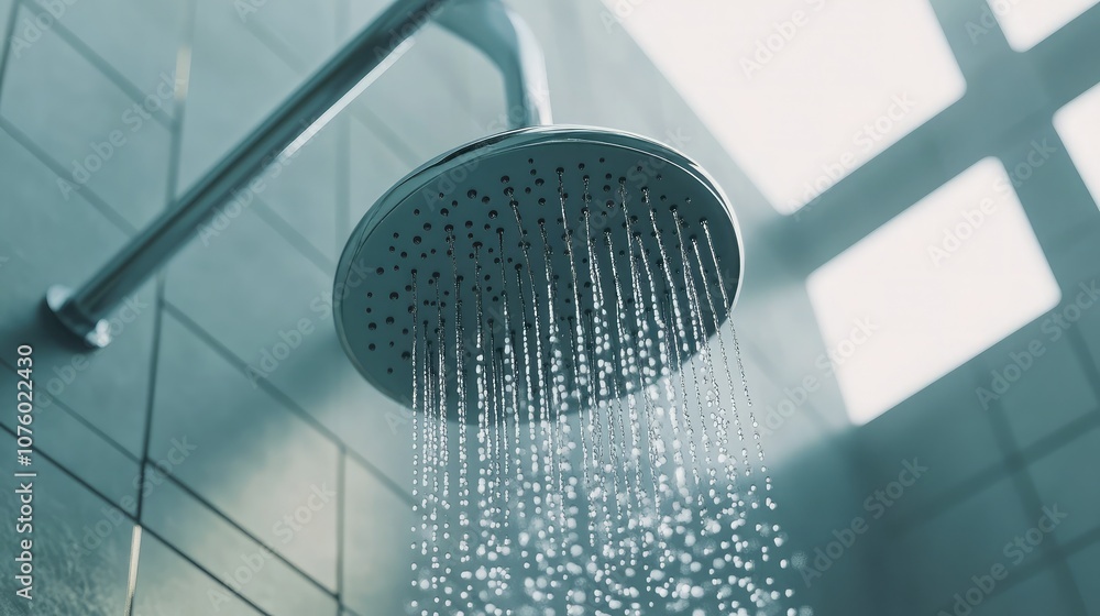 Poster close-up view of showerhead with water droplets cascading down in a bright bathroom, creating a refr