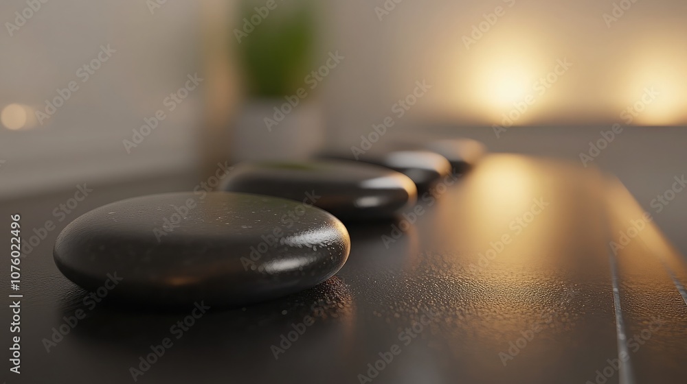 Poster serene spa environment featuring smooth black stones placed on a balanced surface with soft ambient 