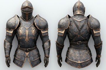 Medieval Knight Armor Front and Back View Gold Accents Chainmail Helmet 3D Render