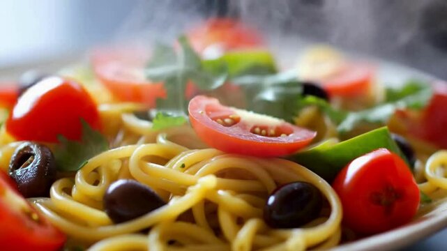 Close-up of Steaming Hot Pasta Salad with Fresh Ingredients Perfect for Food Photography