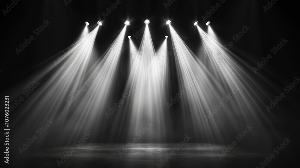 Aufkleber array of professional stage spotlights in a concert setting, with beams of various widths and angles