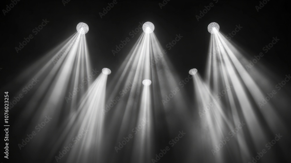 Aufkleber array of professional stage spotlights in a concert setting, with beams of various widths and angles
