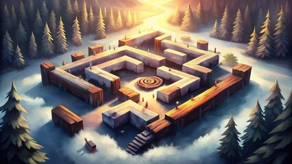 Wooden Maze in a Snowy Forest at Sunset