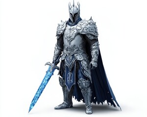 Fantasy Knight in Ornate Armor with Blue Energy Sword White Background