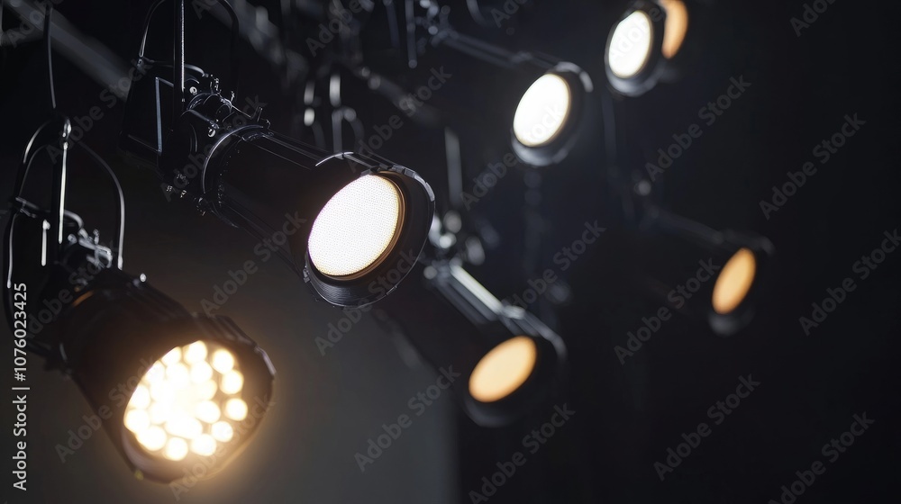 Aufkleber close-up of stage lighting rig with multiple spotlights, each set to different angles and intensitie