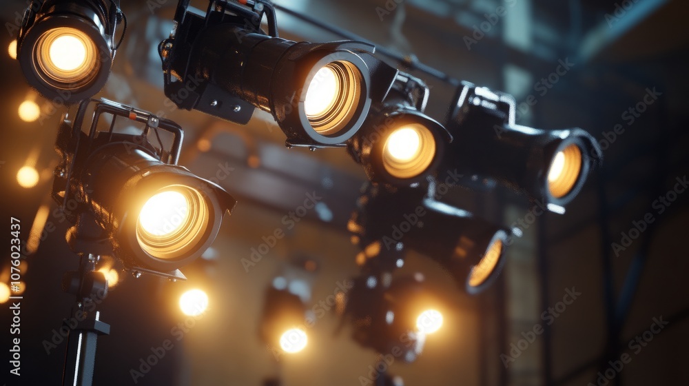 Poster close-up of stage lighting rig with multiple spotlights, each set to different angles and intensitie