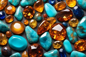 Vibrant gemstones of various sizes in shades of turquoise amber and sapphire glowing softly, Ai Generated