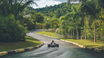 A go-kart racing along a winding road surrounded by lush greenery and tropical plants.