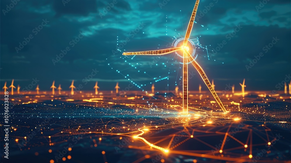 Aufkleber Vector illustration of wind turbine with glowing yellow lines on a blue background, with gradient colors from top to bottom. Artificial Intelligence Elements.