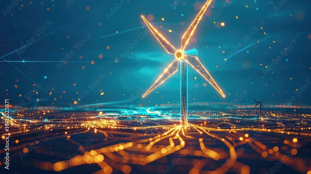 Aufkleber Vector illustration of wind turbine with glowing yellow lines on a blue background, with gradient colors from top to bottom. Artificial Intelligence Elements.