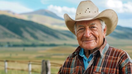 Fototapeta premium A gentle-smiling cattle driver stands against a serene backdrop, showcasing authentic attire in warm natural lighting. Generative AI