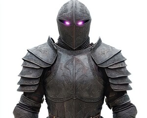 Medieval Knight in Black Armor with Glowing Eyes Isolated on White Background