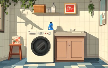 A bright laundry room featuring a washing machine, sink, and decorative elements.