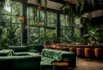 Fototapeta premium ambience window natural banner nature table eatery relaxation panorama lush green escape contemporary scenic tropical comfortable roomy decoration 