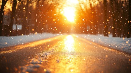 Sunlit Roadway With Falling Snow and Bokeh Effects