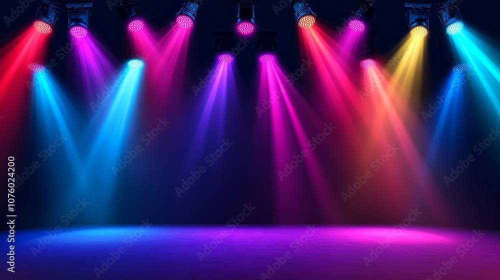 Poster rows of concert spotlights with beams in various colors, casting overlapping light patterns on a dim