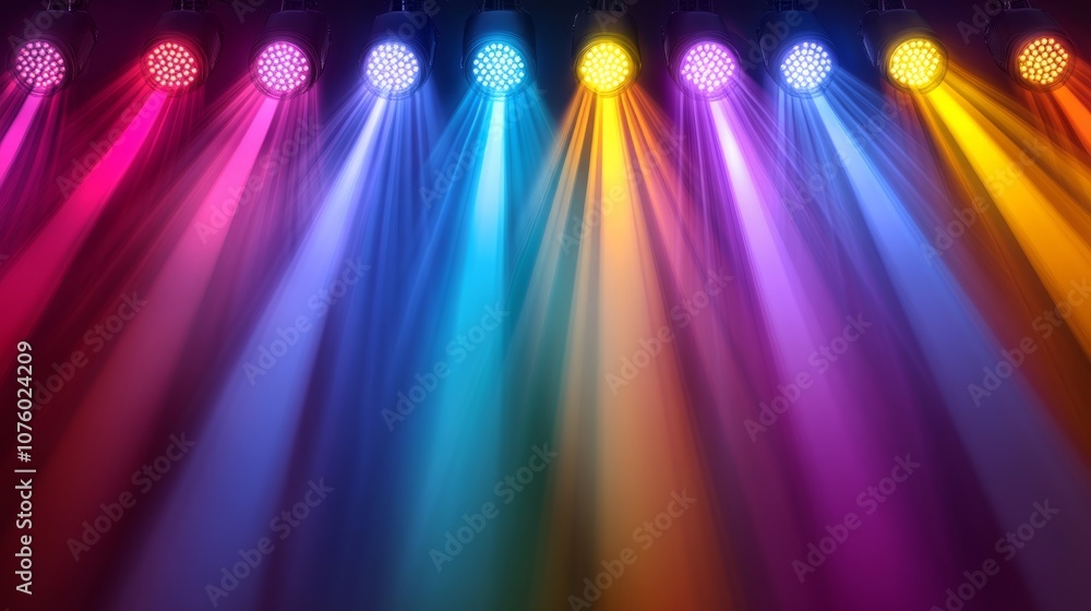Aufkleber rows of concert spotlights with beams in various colors, casting overlapping light patterns on a dim