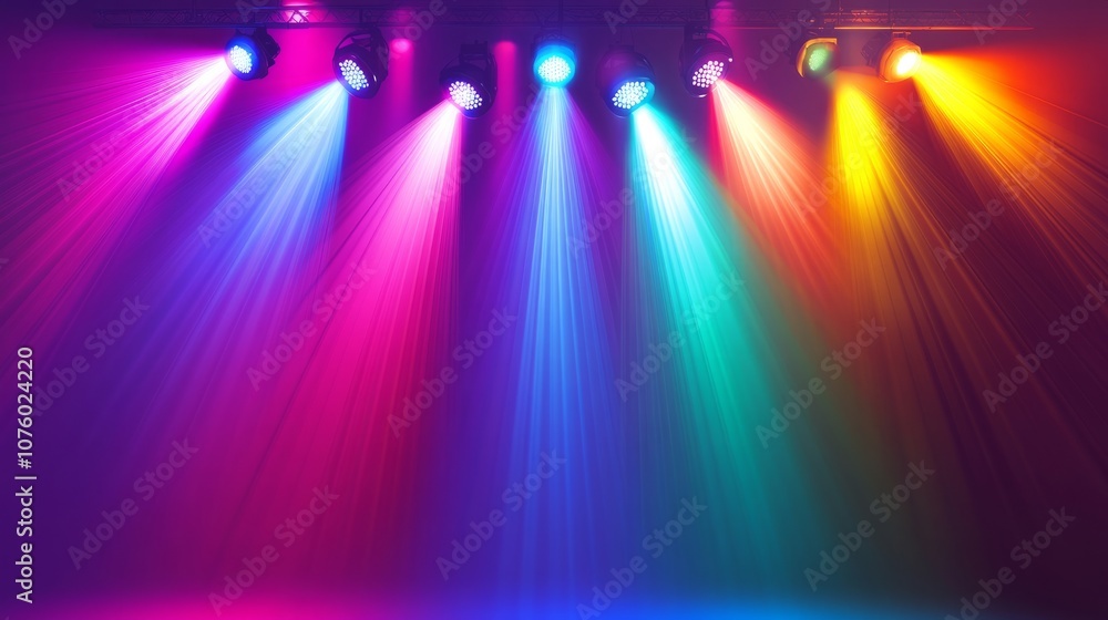 Poster rows of concert spotlights with beams in various colors, casting overlapping light patterns on a dim