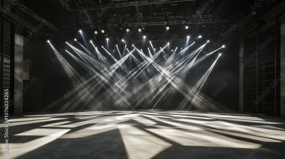 Poster side view of mounted stage spotlights with sharp-edged beams, casting intricate light patterns acros