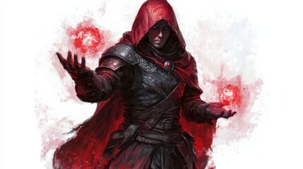 Fantasy Red Hooded Sorcerer Casting Magic Spell