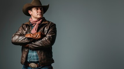 Fototapeta premium A confident cattle driver stands with arms crossed, dressed in a leather jacket and hat, embodying Western ruggedness. Generative AI