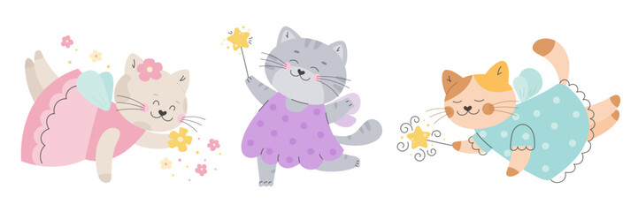 Fairy tale cats set with a magic elements