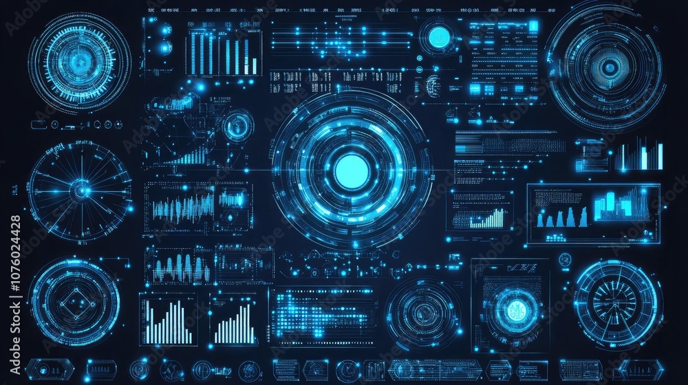 Aufkleber futuristic data visualization interface with digital graphs, circles, charts, and analytical element