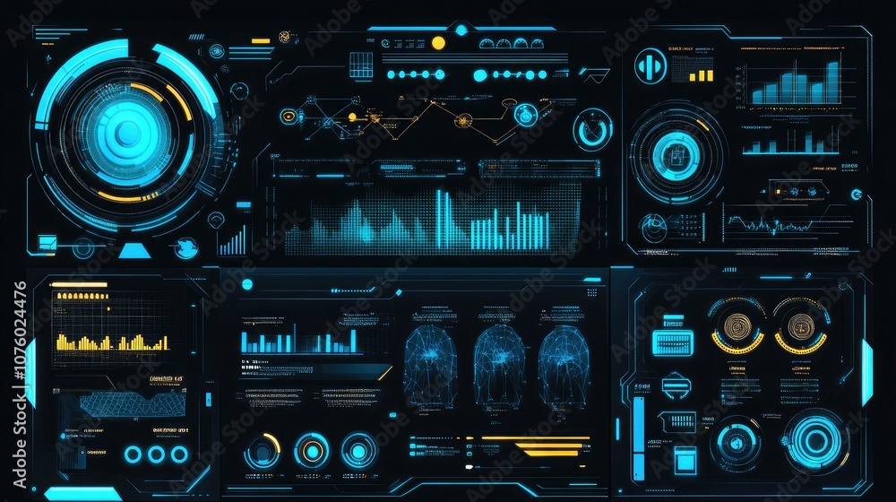 Aufkleber futuristic user interface with vibrant blue and yellow elements, data visualization screens, graphs,
