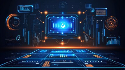 Futuristic Digital Interface with Blue and Orange Technology Elements, Data Visualization, and Analytical Graphics in Dark Environment