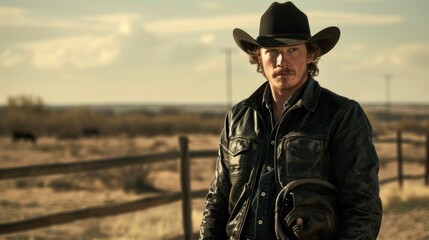 A confident cattle driver stands at a ranch, dressed in a leather jacket and gloves, surrounded by a minimalist Western backdrop. Generative AI
