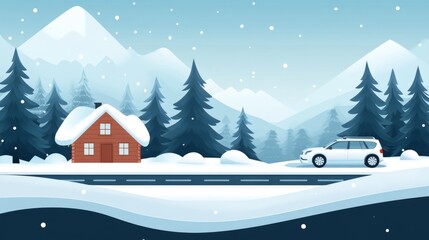 A Snowy Winter Landscape with a Cabin and a Car