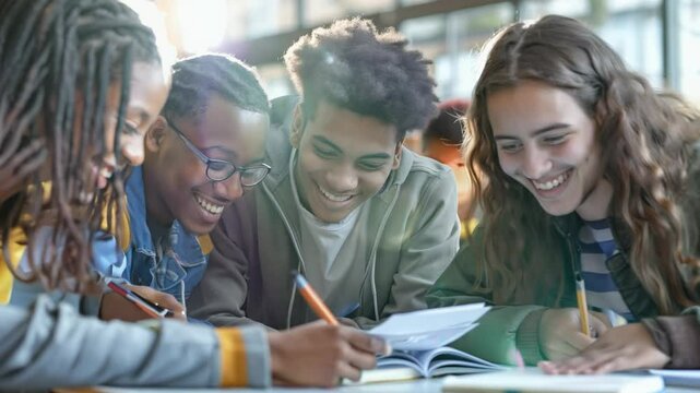 A group of students gather around a table in the library, eagerly discussing ideas and working collaboratively on their project outline. Their enthusiasm is evident as they share insights.