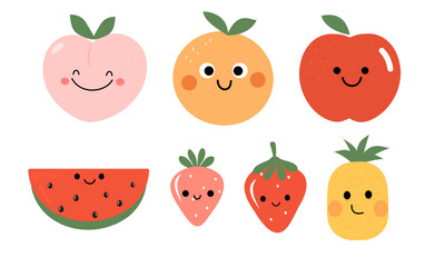 Peach, orange, apple, watermelon, strawberry and pineapple cartoons isolated on white background vector. Cute cartoon fruits.