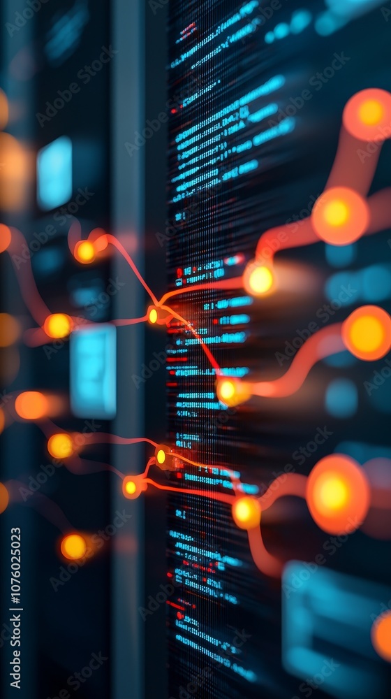Poster a close-up view of a digital data visualization, featuring glowing nodes and lines against a dark ba