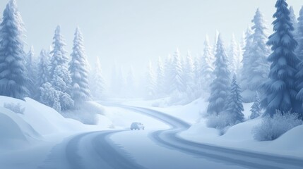 Naklejka premium A Single Car Driving Through a Snowy Forest Road